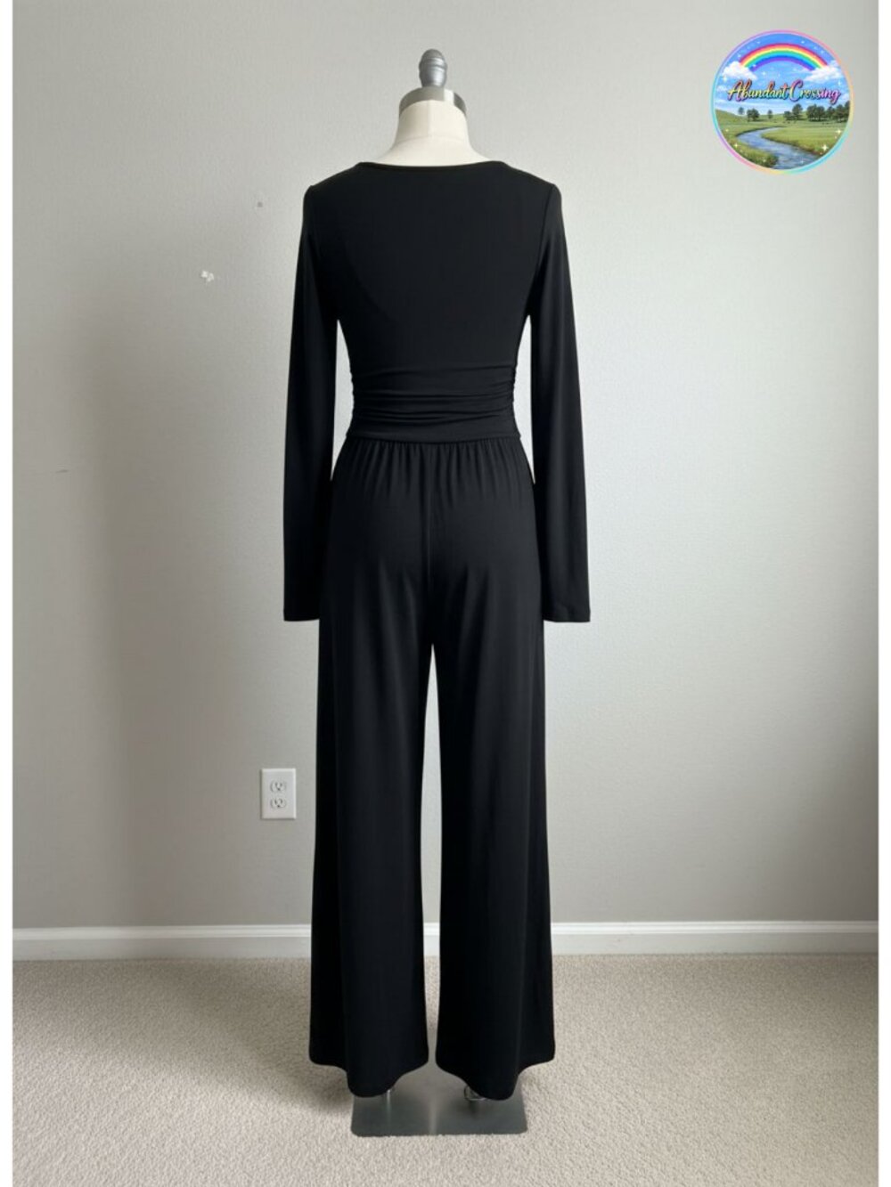 Womens Long Sleeve Wide Leg Jumpsuit Ruched Waist Crewneck Romper